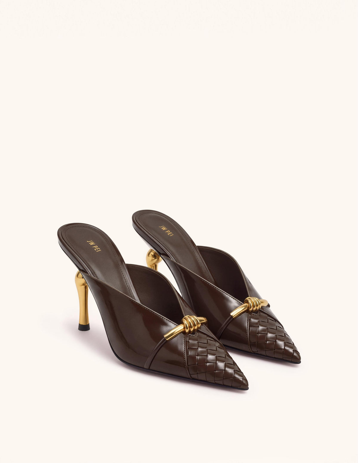 Lena Metal Rope Knot Woven Panel Mules - Dark Brown