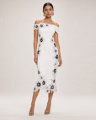 Flower Embroidered Off Shoulder Midi Dress - White