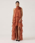 Poppy Embroidered Detail Halter Draped Tiered High-Low Maxi Dress - Orange