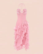 Flower Embroidered High-Low Ruffle Midi Dress - Blush Pink