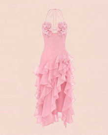 Flower Embroidered High-Low Ruffle Midi Dress - Blush Pink