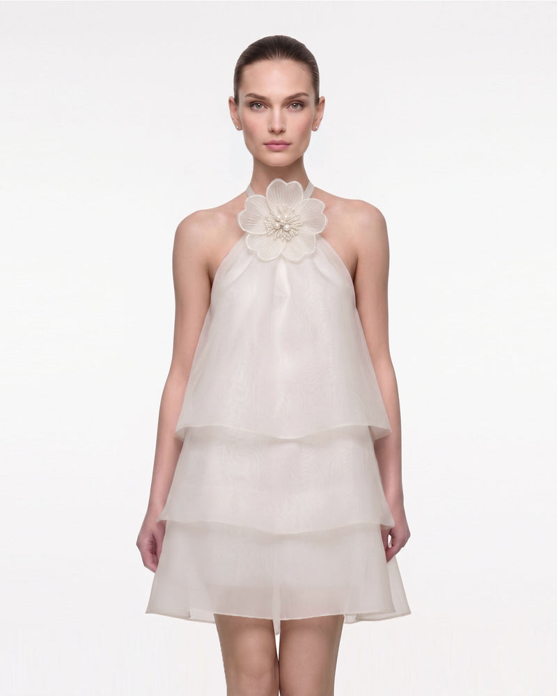 3D Floral Halter Tiered Mini Dress - Ivory