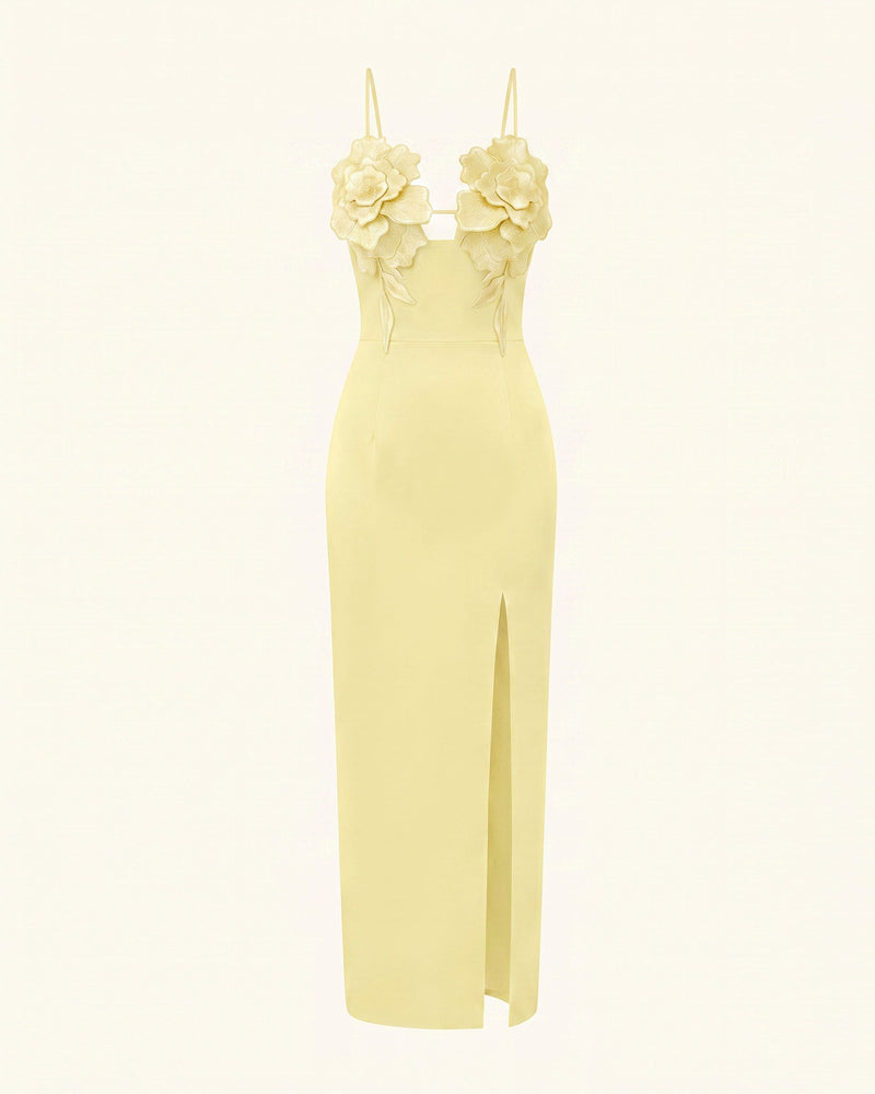 3D Floral Slit Maxi Dress - Butter Yellow