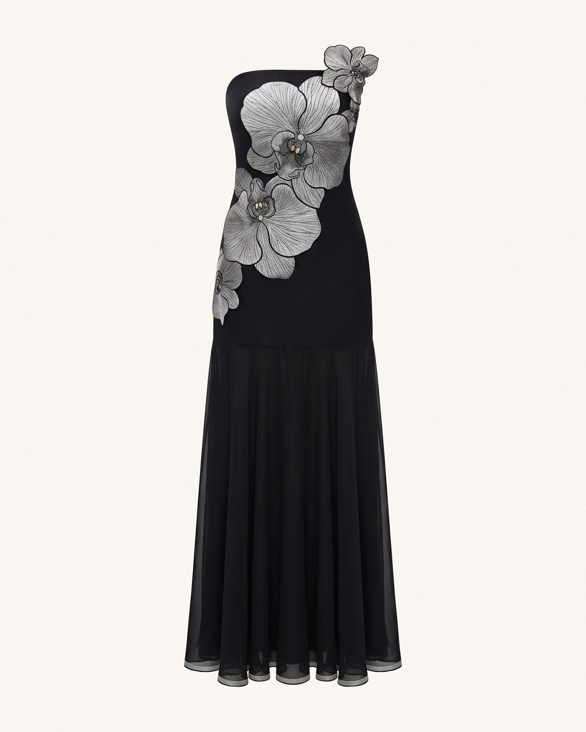 Orchid Embroidered Strapless A-Line Maxi Dress - Black
