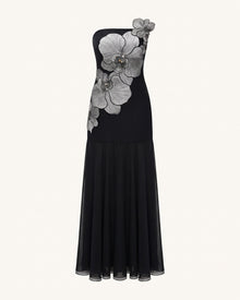 Orchid Embroidered Strapless A-Line Maxi Dress - Black
