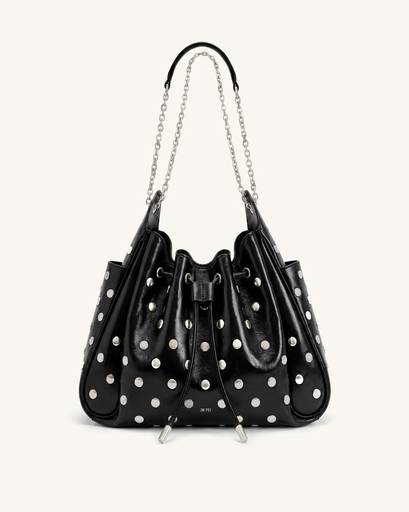 Rowan Studded Ruched Drawstring Chain Bucket Bag - Shiny Black