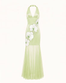 Orchid Embroidered Sheer Hem Halter Maxi Dress - Green