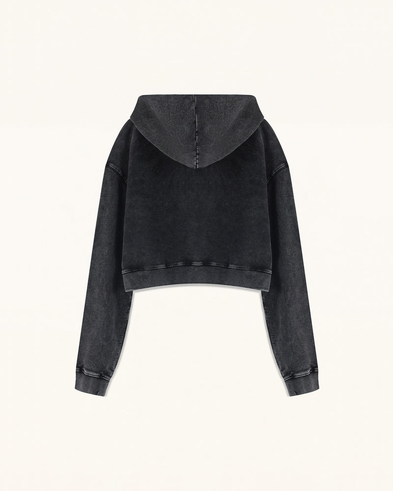 Whimsical Faux Embroidery Dachshund Cropped Hoodie - Black