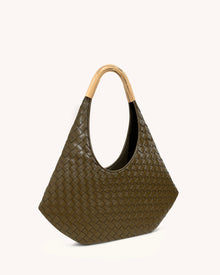 Olivia Hand-Woven Metal Handle Hobo Bag - Olive Green