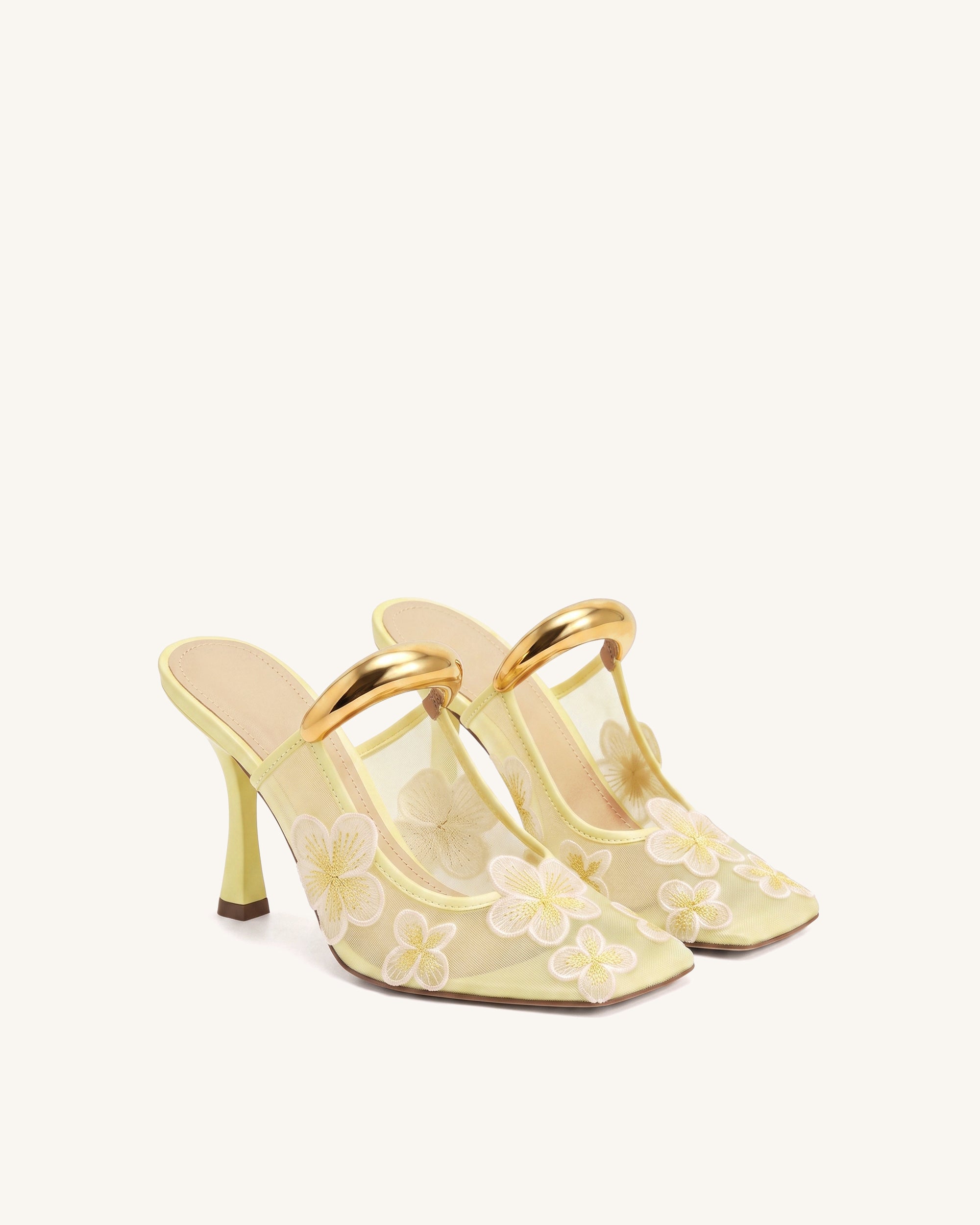 Mireille Pierced Floral Embroidered Appliqué Mesh Mules - Yellow