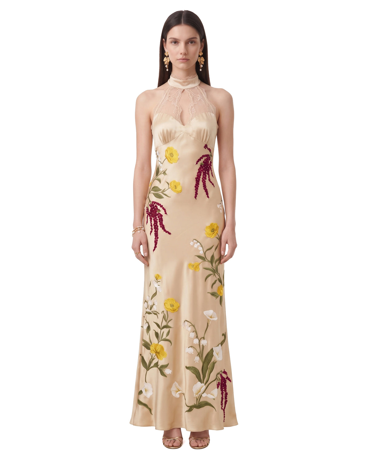 Sheer High-Neck Floral Satin Evening Dress - Champagne