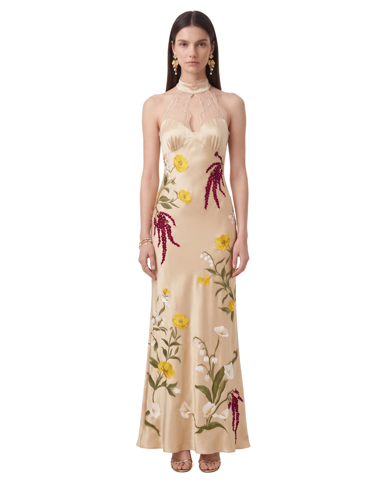 Sheer High-Neck Floral Satin Evening Dress - Champagne