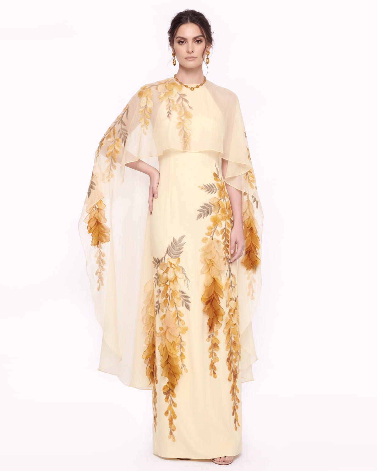 Wisteria Chiffon Cape Maxi Dress - Pale Yellow
