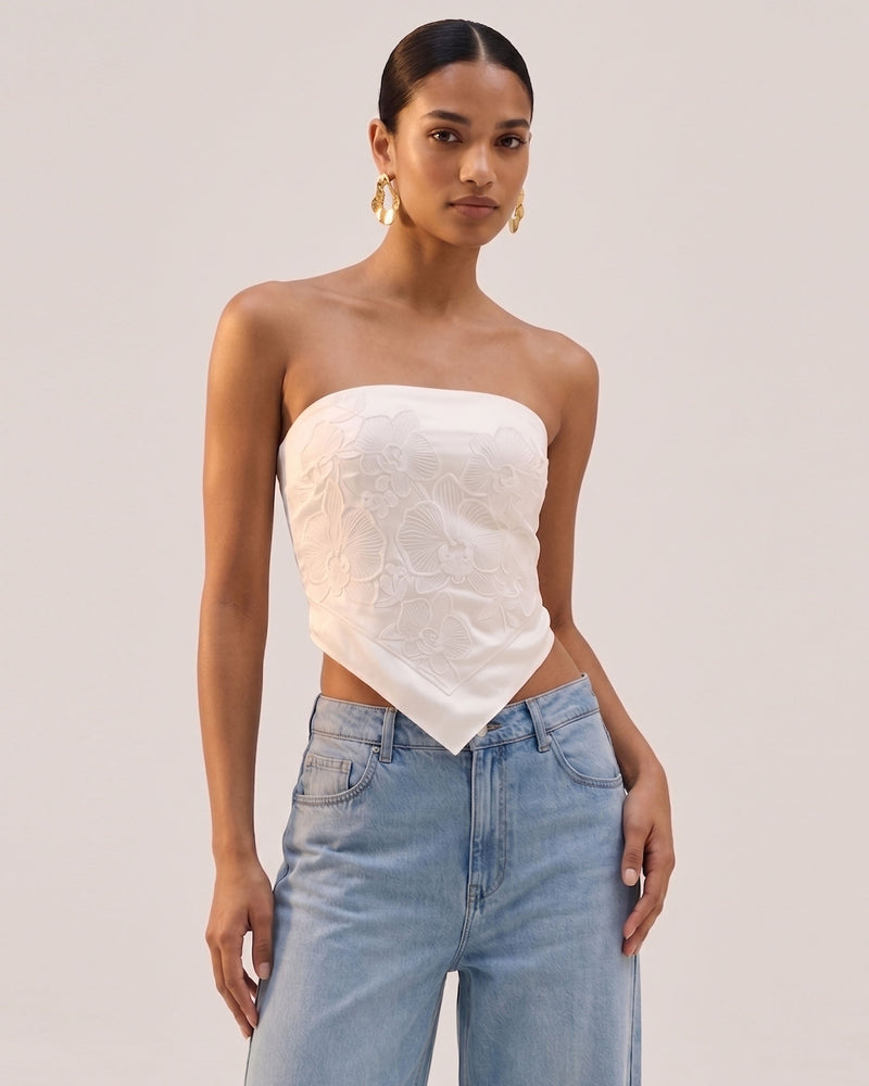 Orchid Embroidered Strapless Handkerchief Top - White