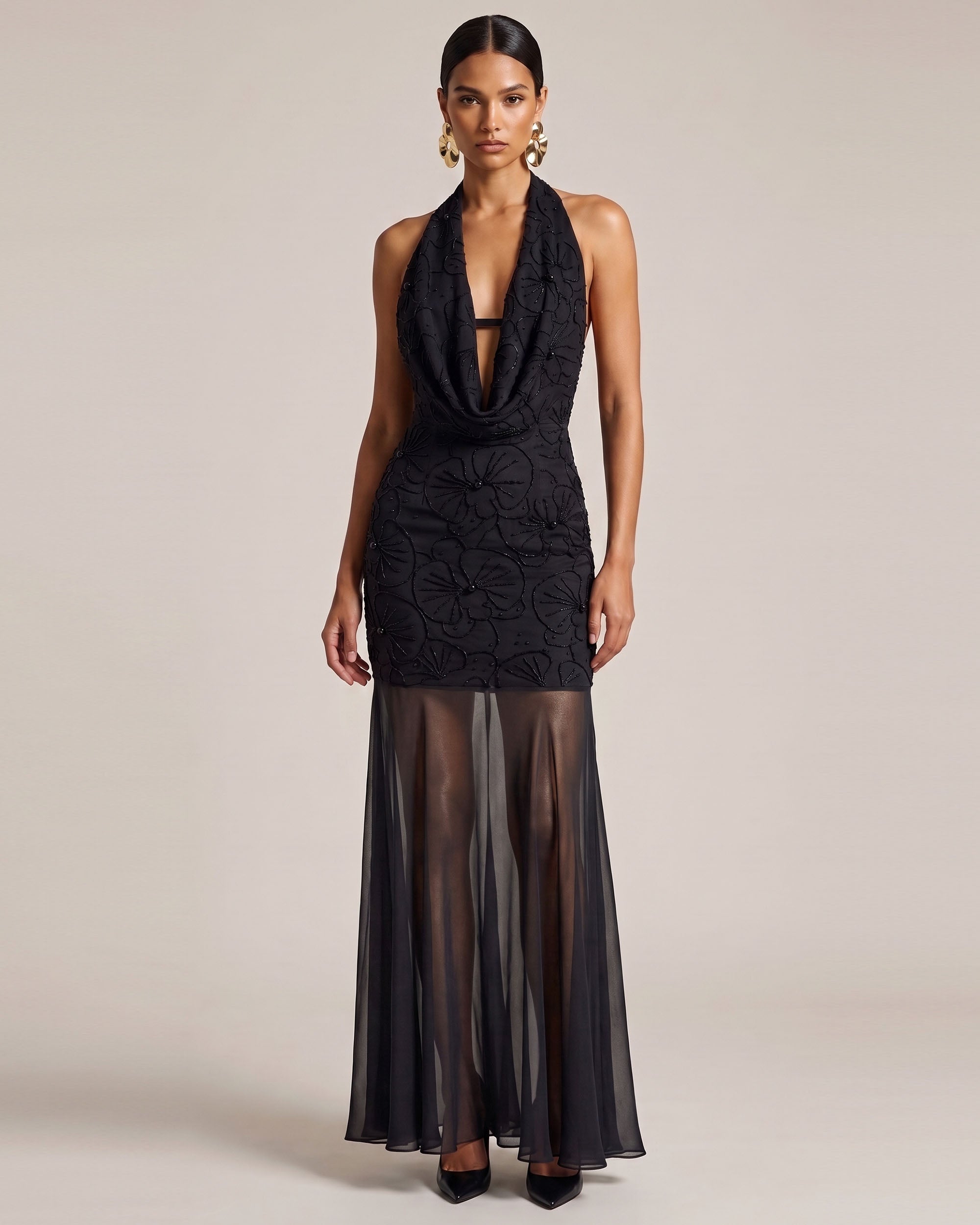 Orchid Beaded Embroidered Sheer Hem Halter Maxi Dress - Black