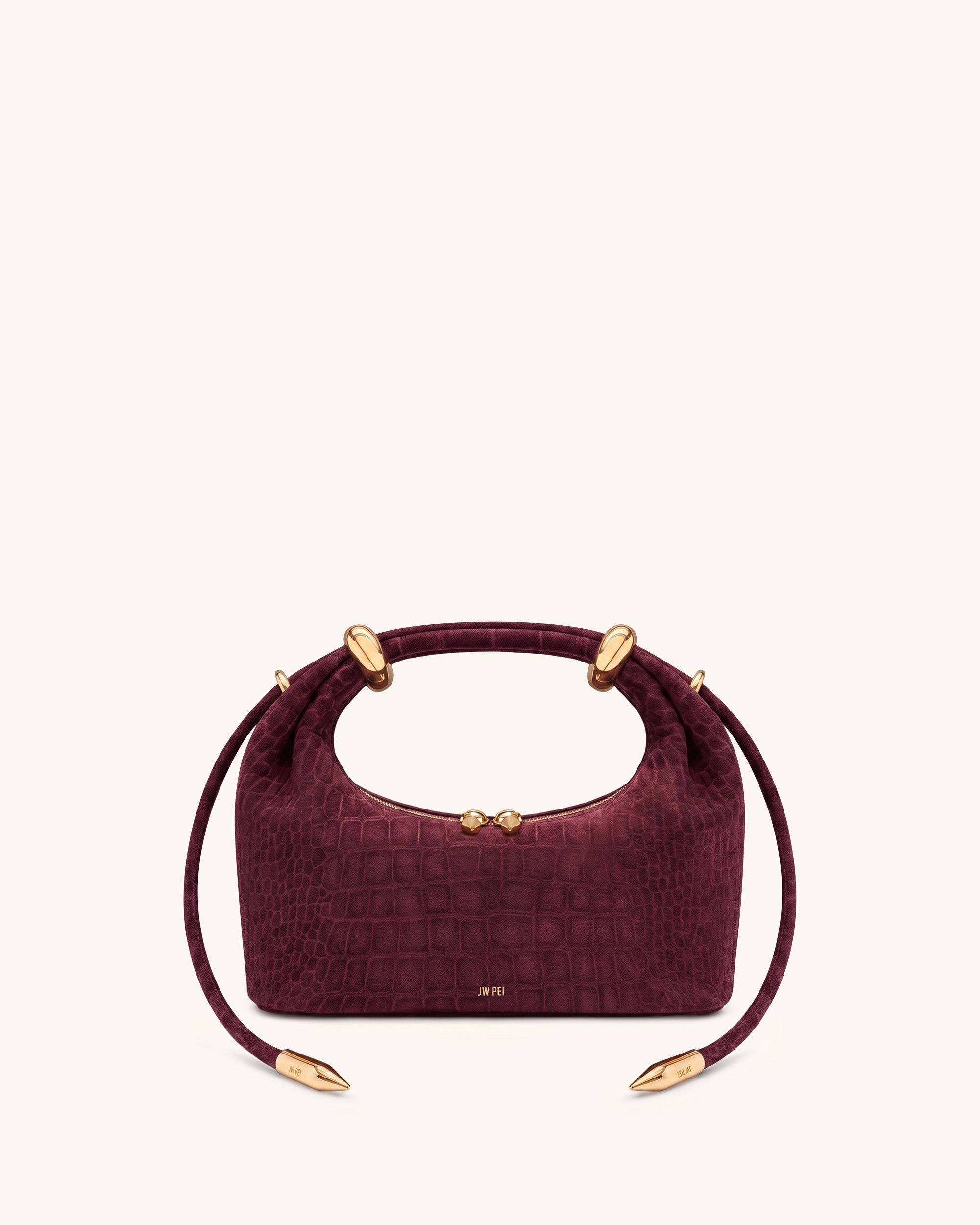 Ellie Faux Suede Metal Ring Embellished Top Handle Bag - Burgundy Croc