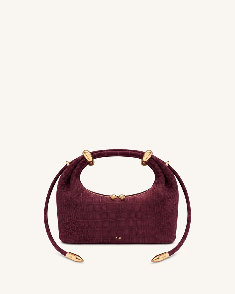 Ellie Faux Suede Metal Ring Embellished Top Handle Bag - Burgundy Croc