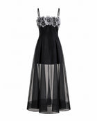Floral Embroidered Sheer Layered Maxi Dress - Black