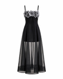 Floral Embroidered Sheer Layered Maxi Dress - Black