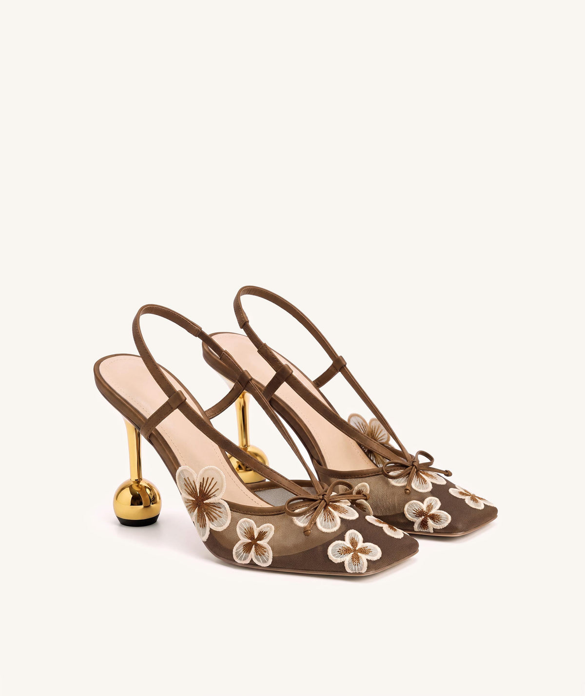 Mireille Floral Embroidered Bow Slingback Pumps - Brown