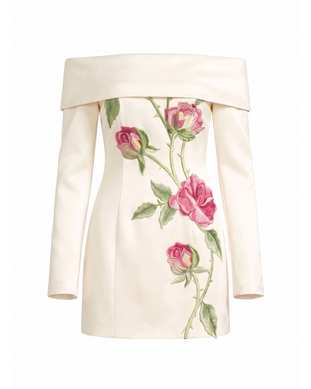 Rose Embroidered Foldover Long-Sleeve Mini Dress - Off White