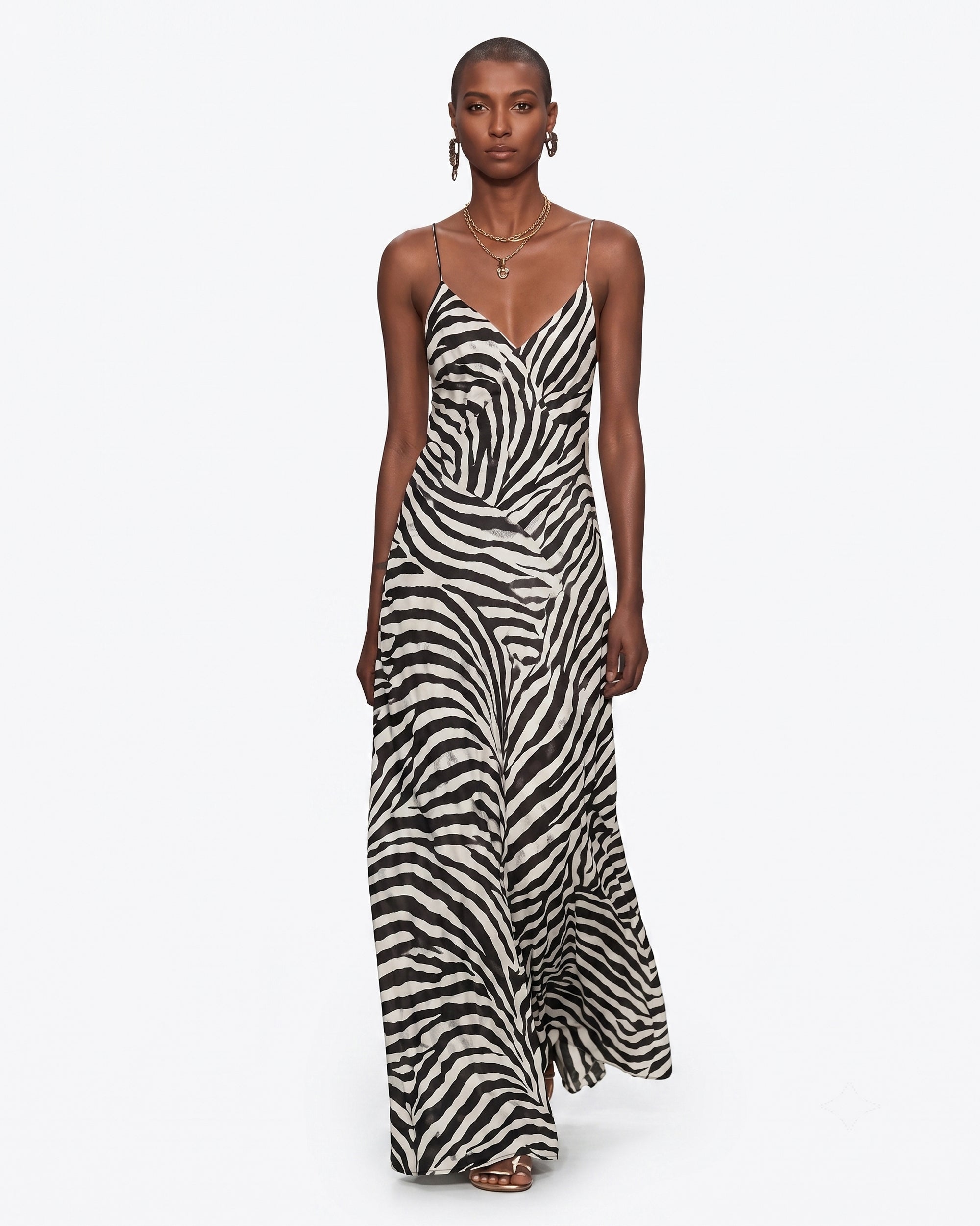 Zebra Print Spaghetti Strap Maxi Dress - Black & Ivory