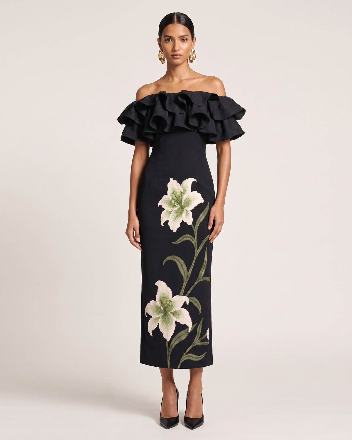Lily Embroidered Ruffled Off-Shoulder Maxi Dress - Black