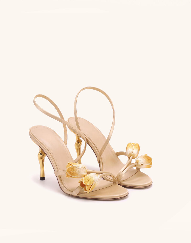 Amara Tulip Embroidered Wraparound Heels - Nude
