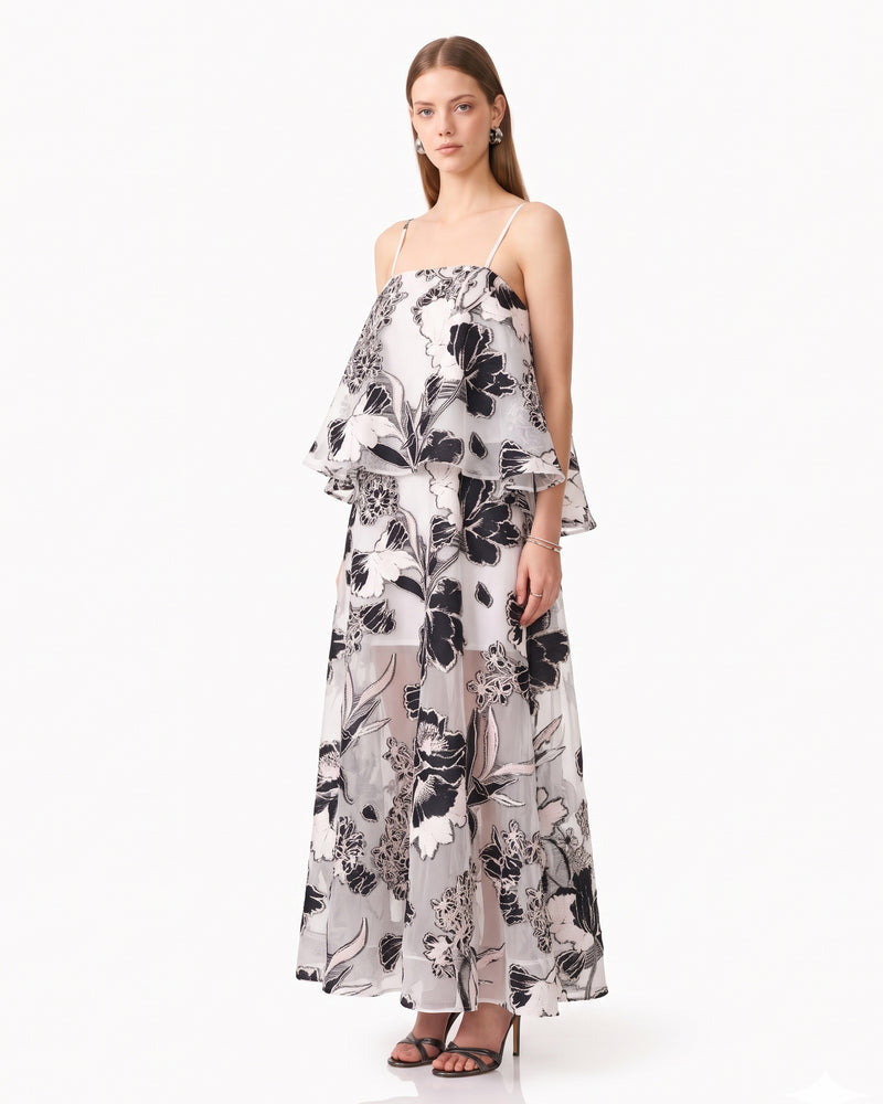 Floral Jacquard Tiered Overlay Cami Maxi Dress - White