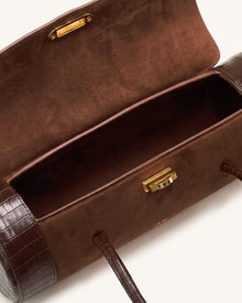 Maelis Faux Suede Croc-Trim Barrel Bag - Dark Brown