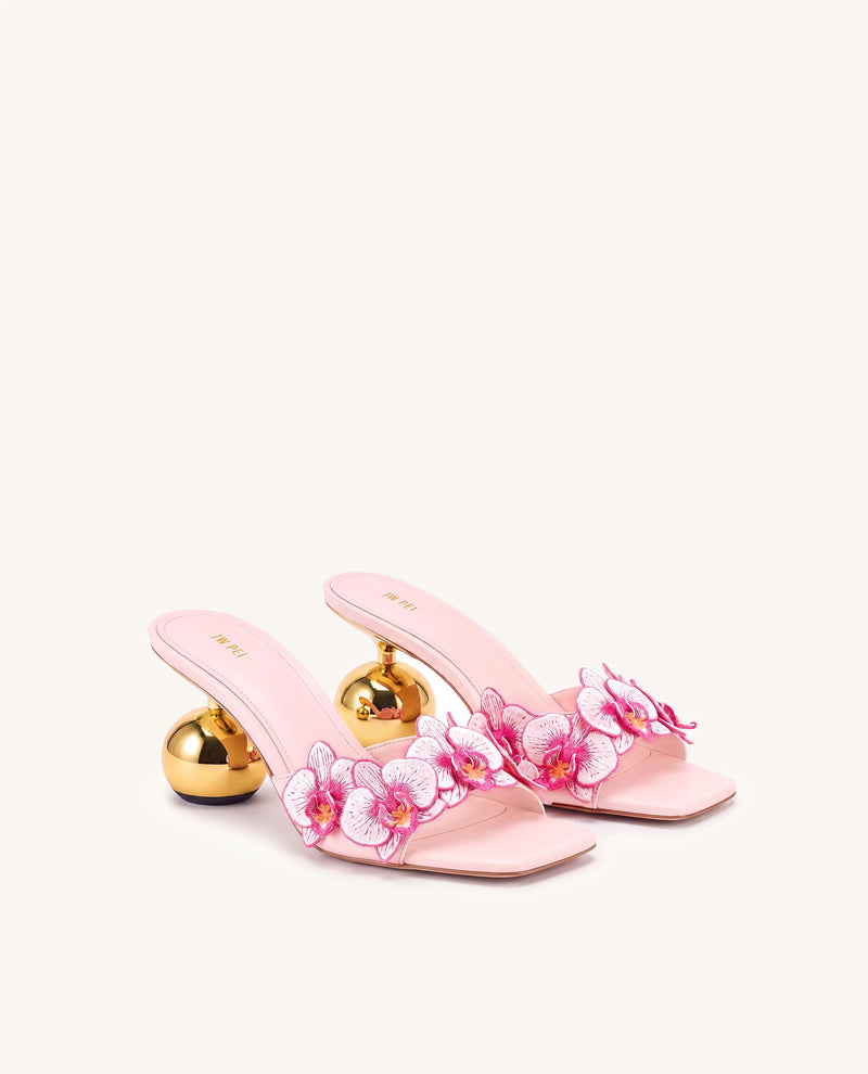 Celia Orchid Embroidered Sphere Heel Mules - Pink