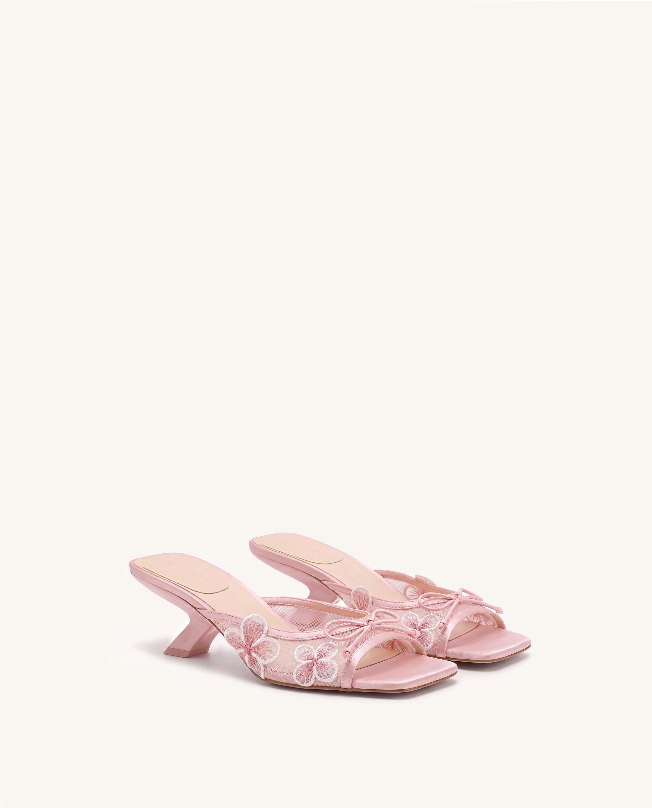 Mireille Bow Floral Embroidered Appliqué Mesh Heeled Sandals - Pink