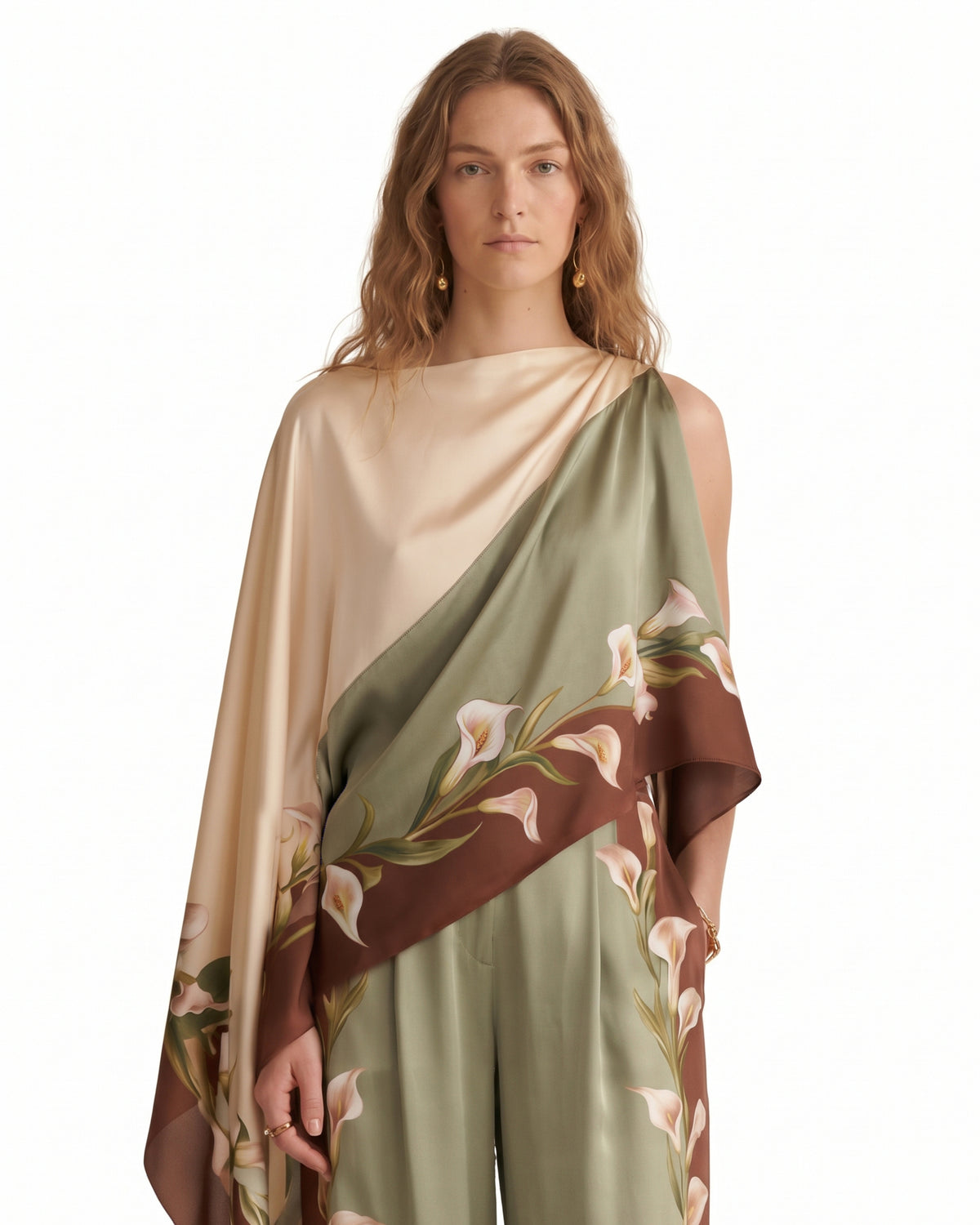 Calla Lily Printed Asymmetric Draped Satin Top - Olive Green
