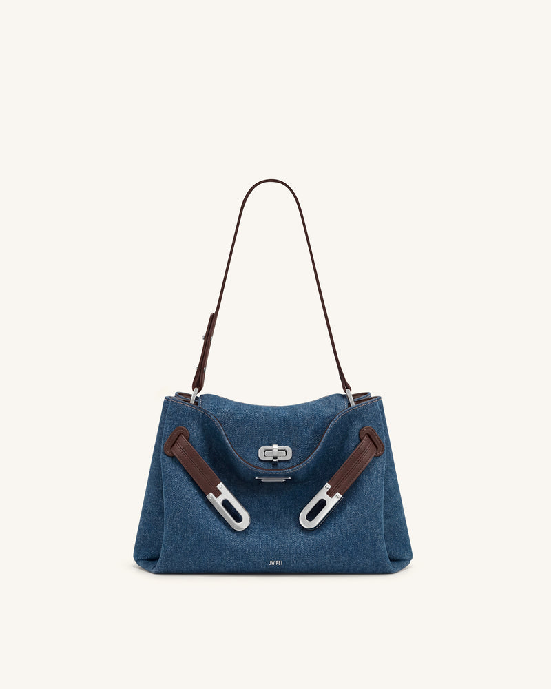 Rhea Double Buckle Shoulder Bag - Dark Blue Denim
