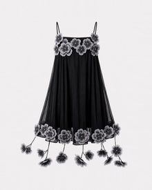 Floral Embroidered Drop-Trim Mini Dress - Black