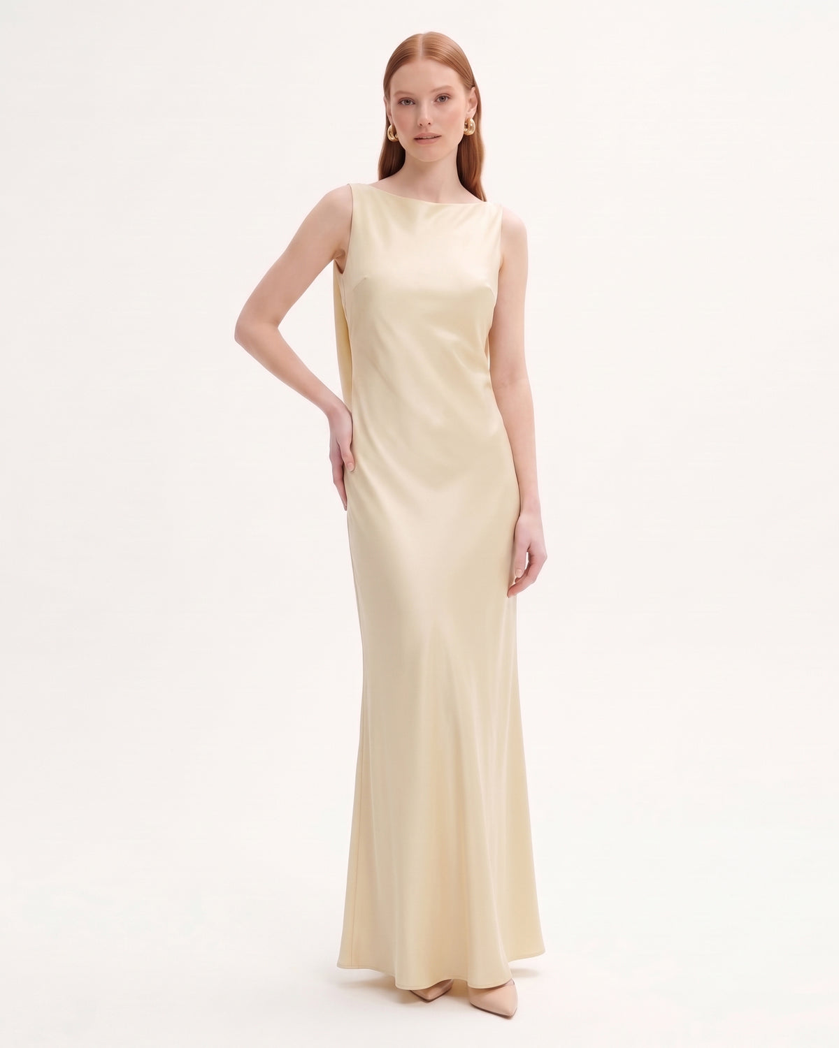 Tulip Appliqué Cowl-Back Satin Column Maxi Dress - Creamy Beige