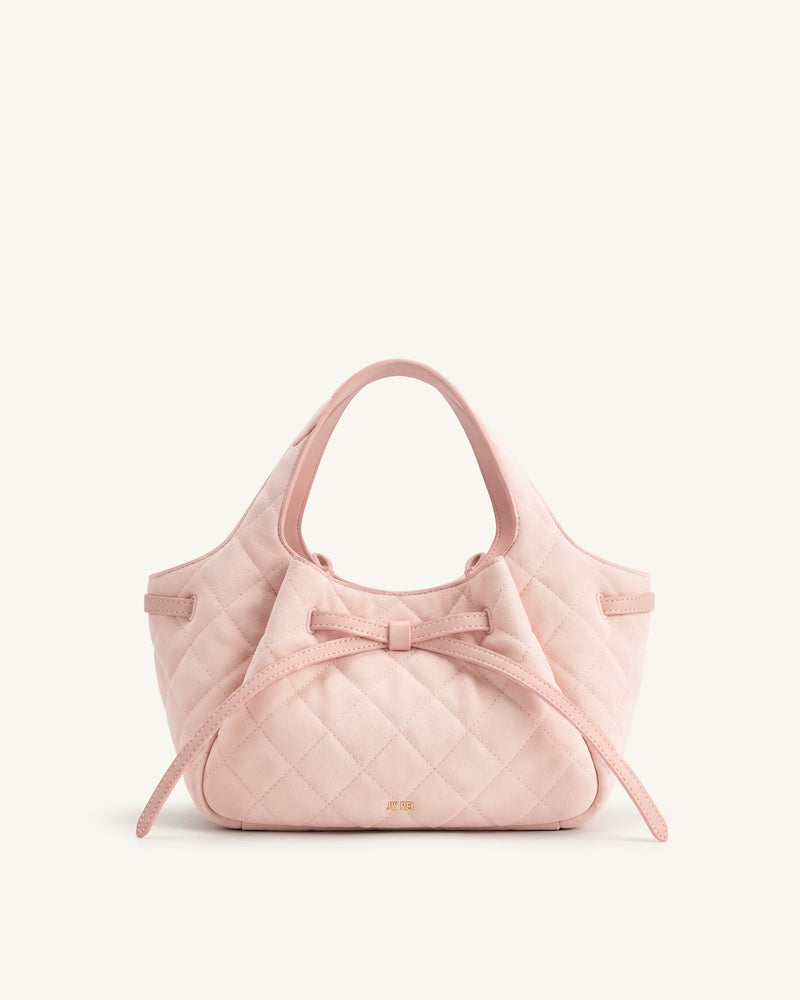 Mabel Faux Suede Quilted Soft Bow Tote Bag - Light Pink
