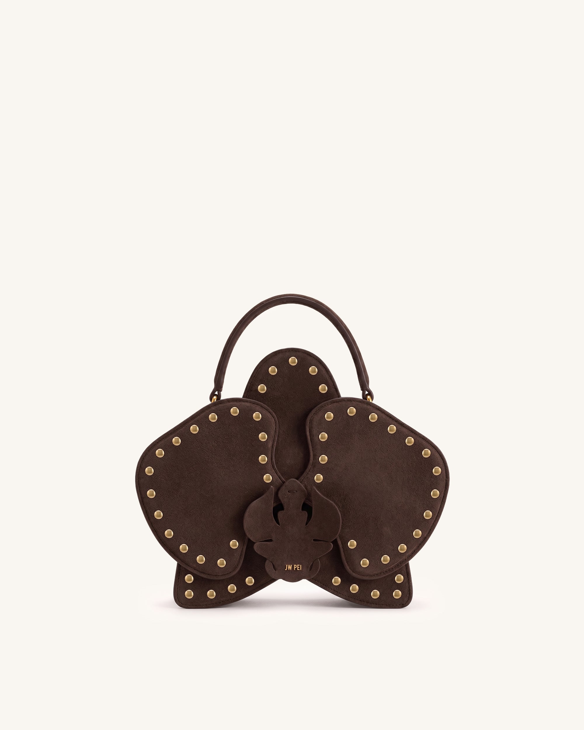 Flora Faux Suede Studded Orchid Shaped Top Handle Bag - Dark Brown