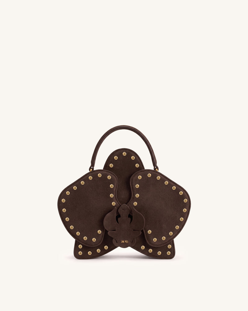 Flora Faux Suede Studded Orchid Shaped Top Handle Bag - Dark Brown