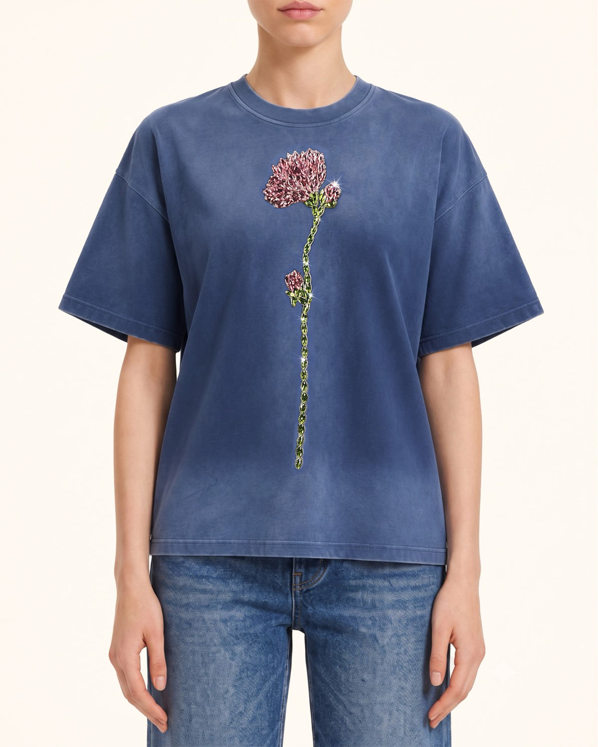 Essential Rhinestone Rose Acid Wash Boxy Tee - Vintage Blue