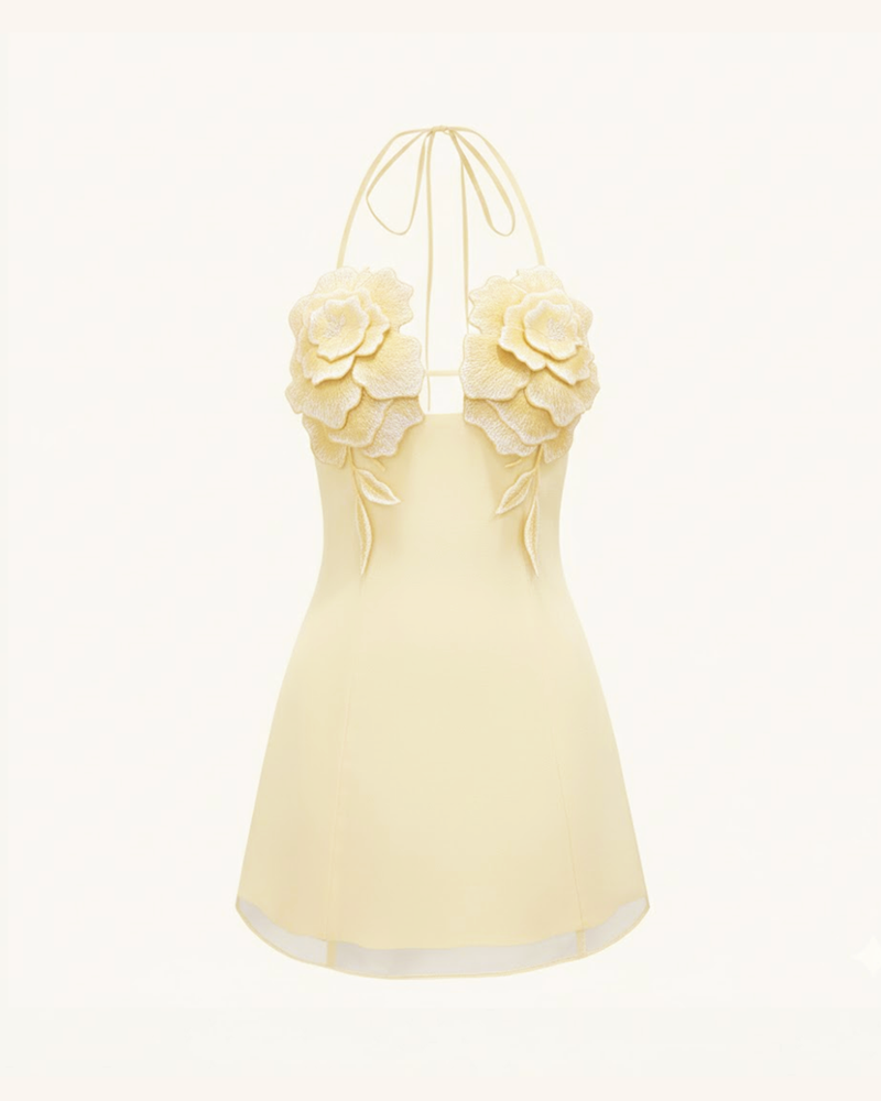 Flower Embroidered Mini Dress - Butter Yellow