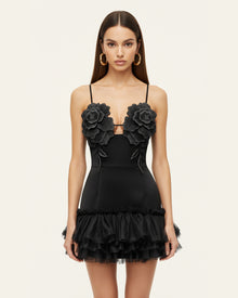 3D Floral Strappy Tulle Mini Dress - Black
