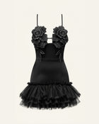 3D Floral Strappy Tulle Mini Dress - Black
