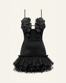 3D Floral Strappy Tulle Mini Dress - Black