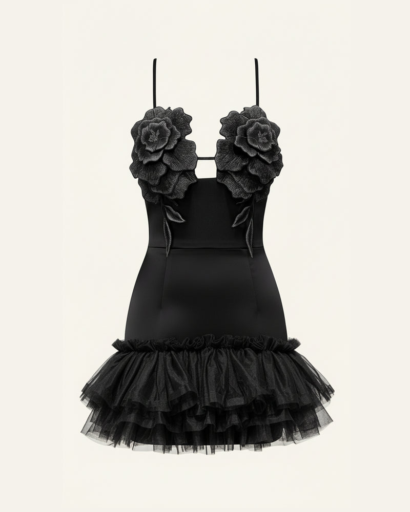 3D Floral Strappy Tulle Mini Dress - Black