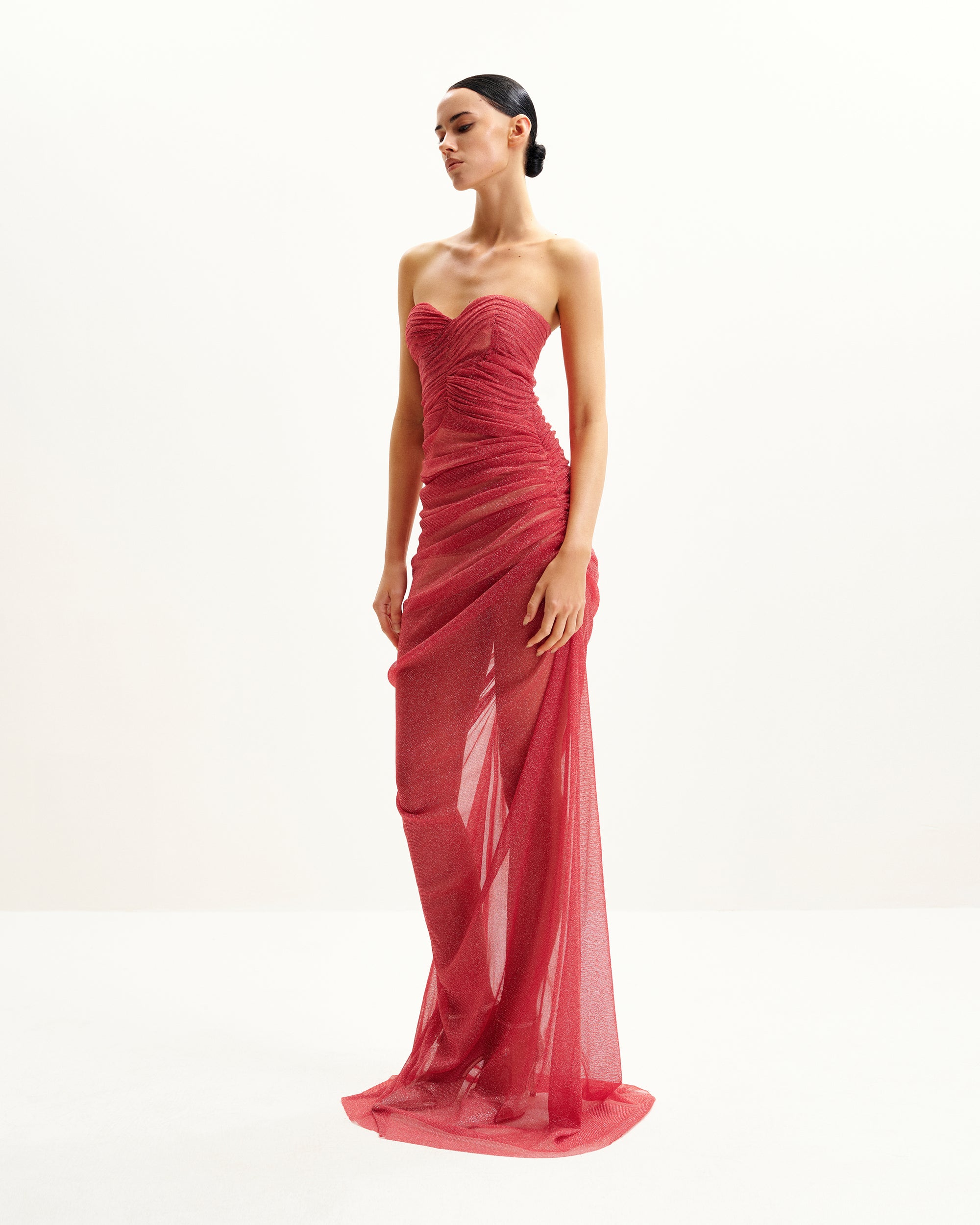 Mia Strapless Sheer Glitter Gown - Scarlet