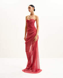 Mia Strapless Sheer Glitter Gown - Scarlet