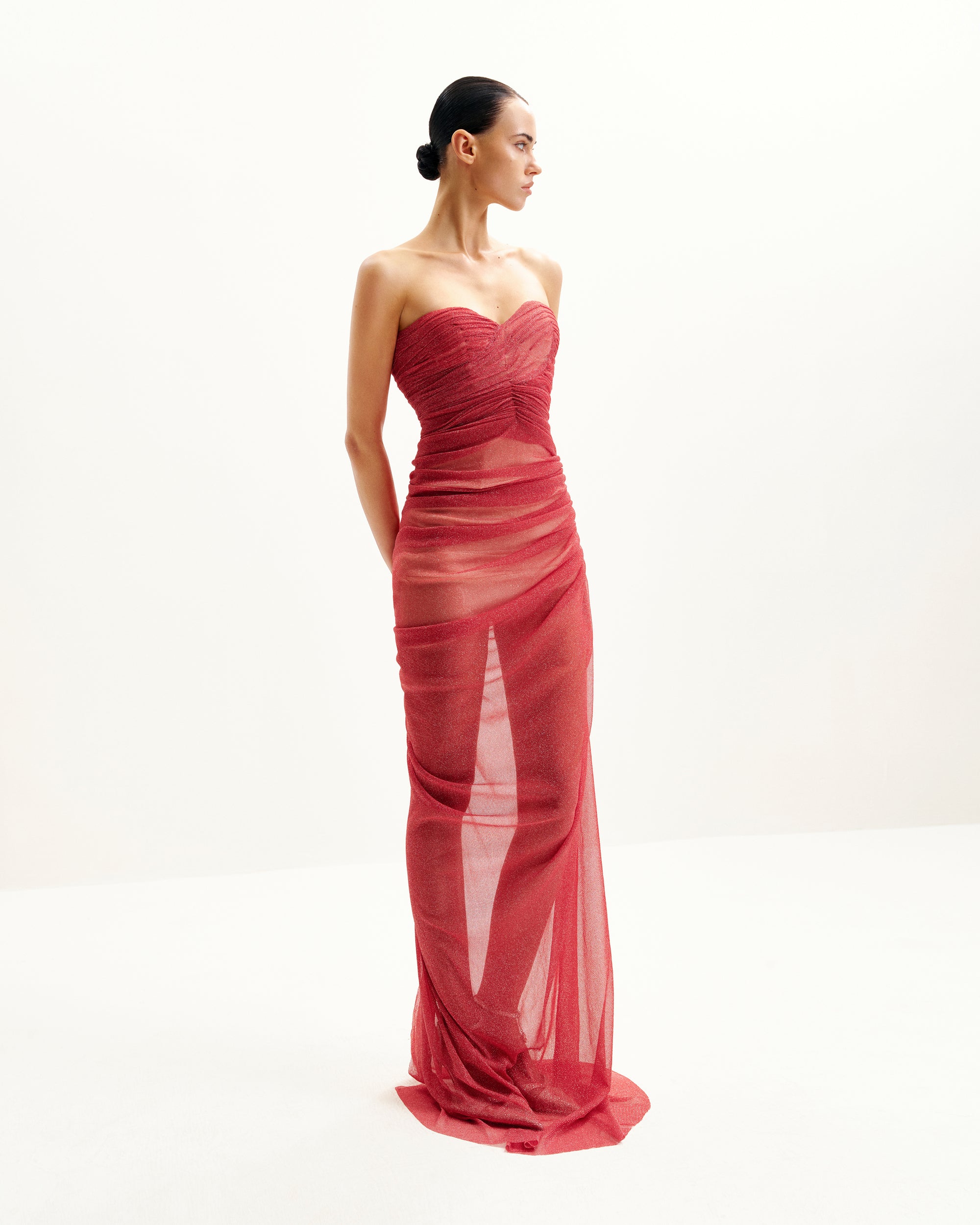 Mia Strapless Sheer Glitter Gown - Scarlet