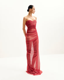 Mia Strapless Sheer Glitter Gown - Scarlet