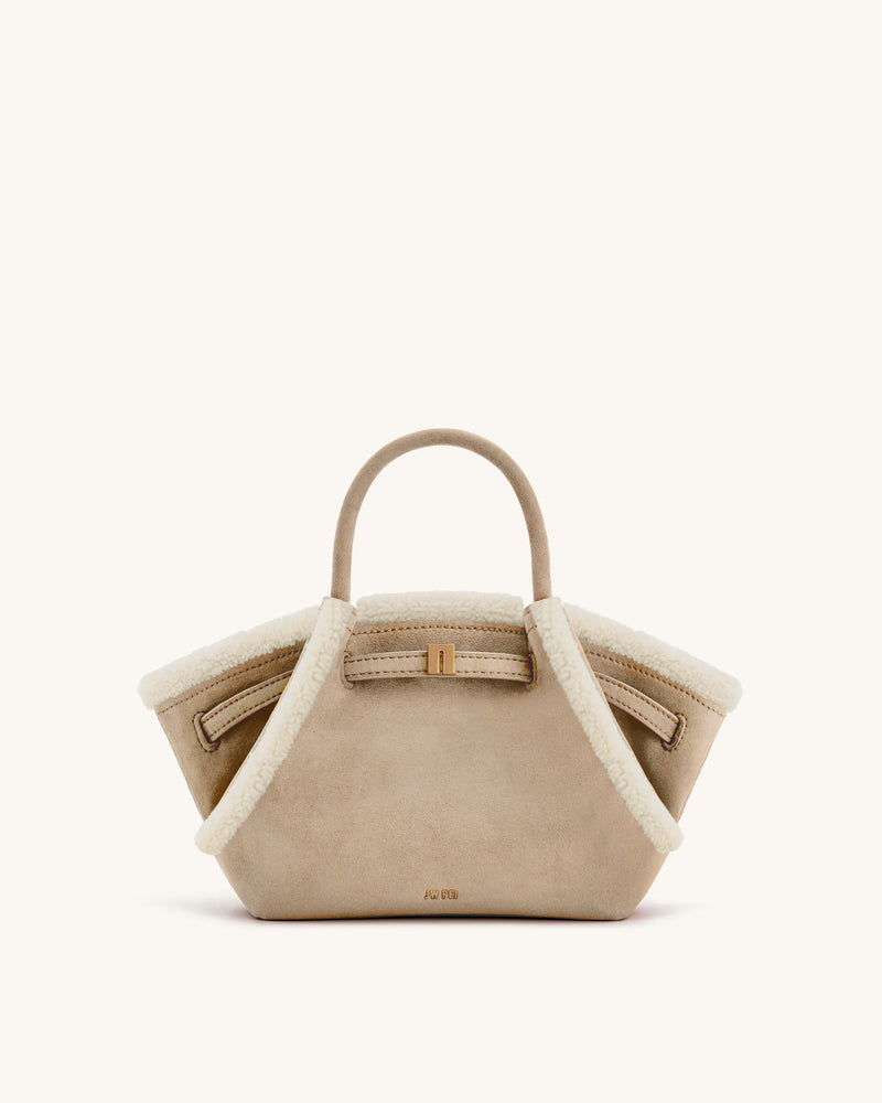 Hana Mini Faux Shearling Trim Tote Bag - Light Beige